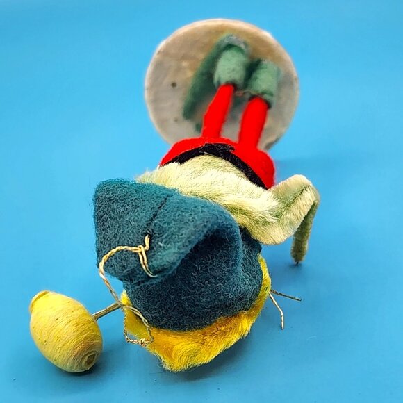 Vintage 1950s Putz Elf w/ Hammer Ornament Spun Cotton Chenille Celluloid Face - Picture 5 of 8